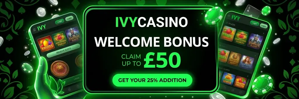 Ivy Casino mobile app welcome bonus page showing a 25% first-deposit reward up to £50.