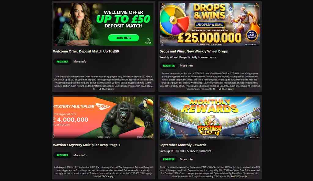 Casino Ivy promotions page with free spins, deposit bonuses and cashback offers.