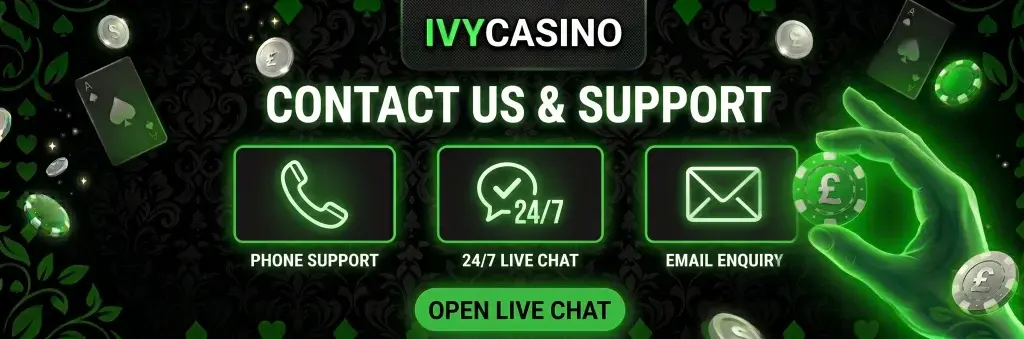 Ivy Casino UK contact banner with customer support options.