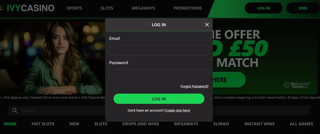 Ivy Casino UK login form for accessing an account on desktop or mobile.