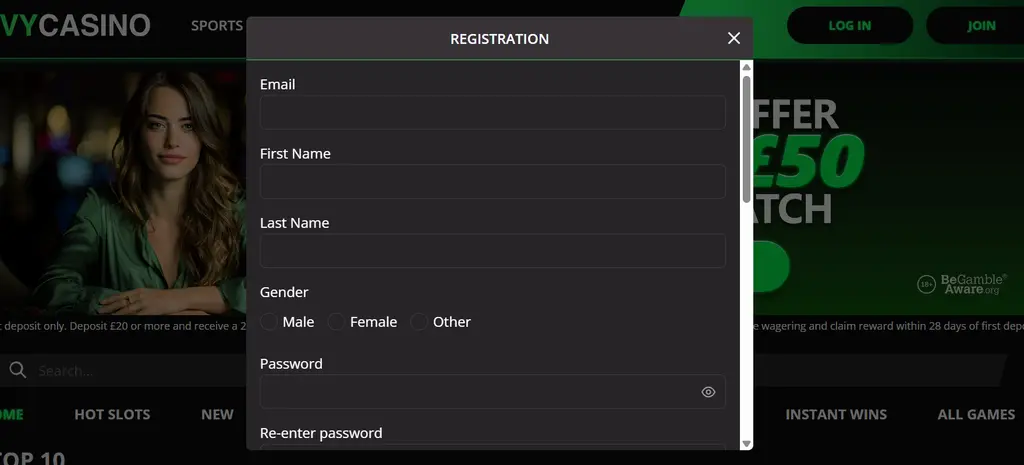 Ivy Casino account registration page for new UK players.