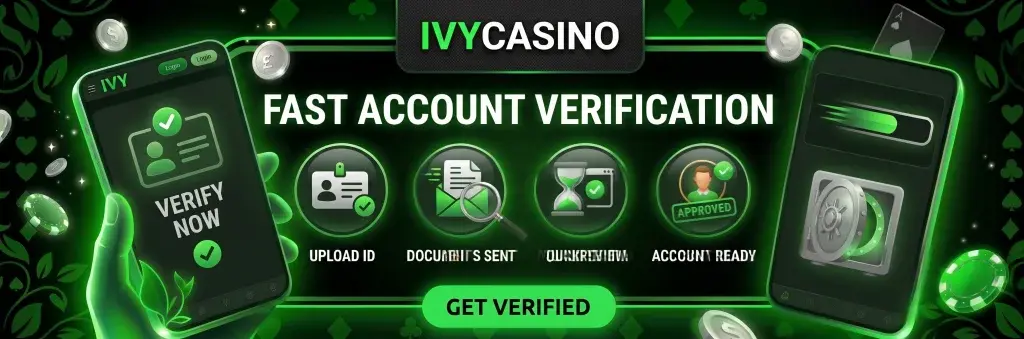 IvyCasino account verification page with KYC document requirements and processing information.