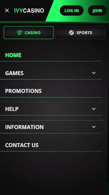 Ivy Casino Online mobile page showing menu and live casino games on a smartphone.