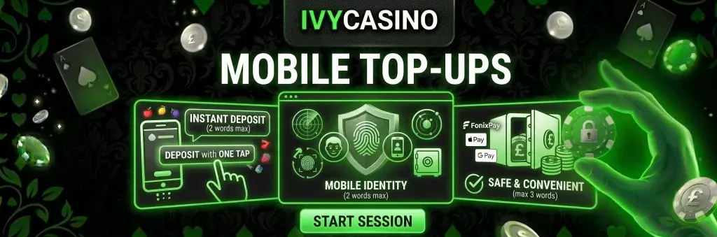 Casino Ivy page showing mobile payment top-up options for online casino players.