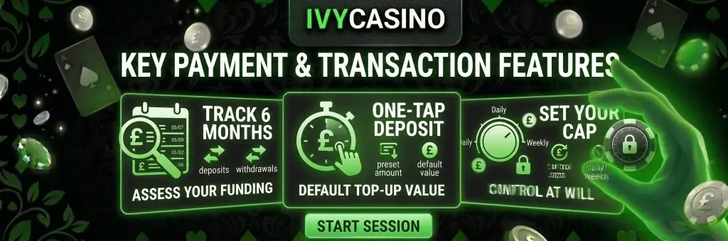 Ivy Casino Online page highlighting payment and transaction features.