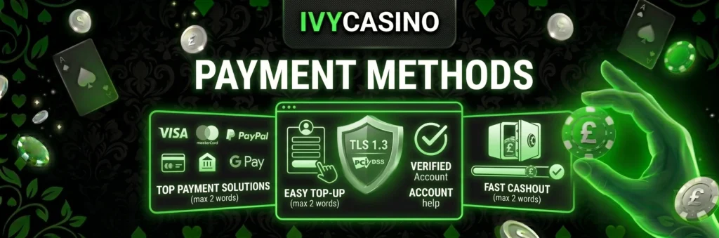 Ivy Casino withdrawal and deposit page showing available payment methods.

