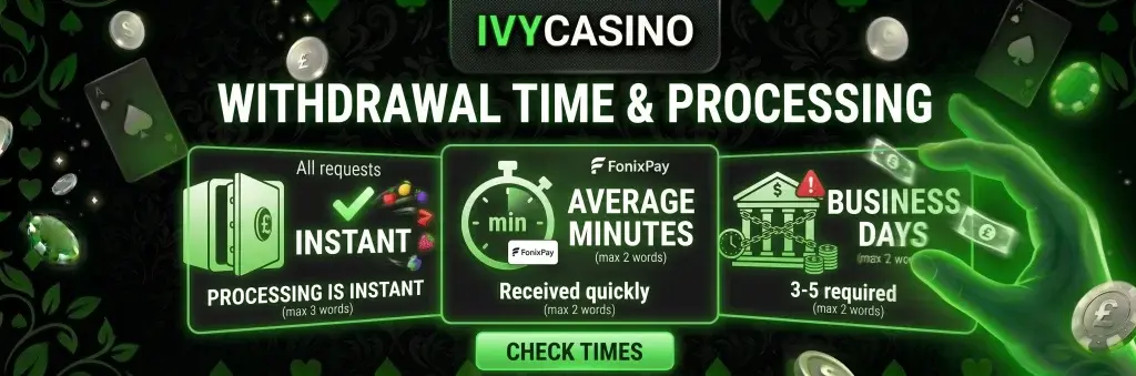 IvyCasino withdrawal page with processing times and payment status details.